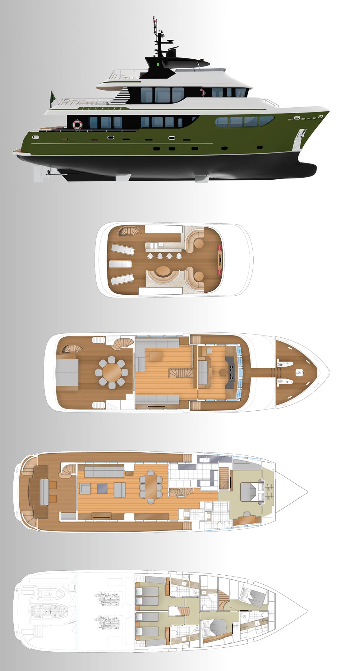 Sunrise Yacht General Arrangement Blueprint showing elevation and 4 deck layouts
