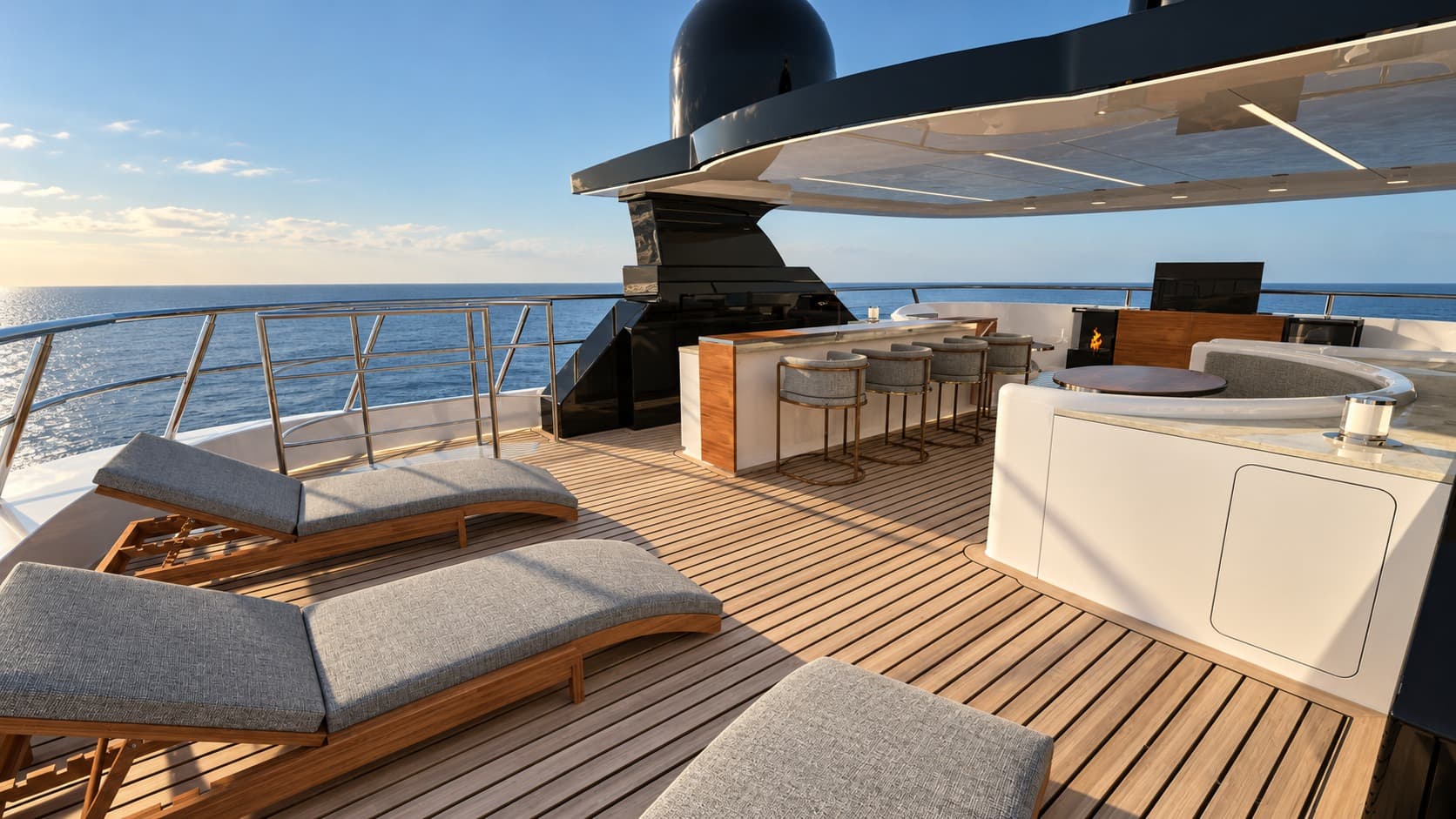 Flybridge deck with panoramic seating and open-air lounge