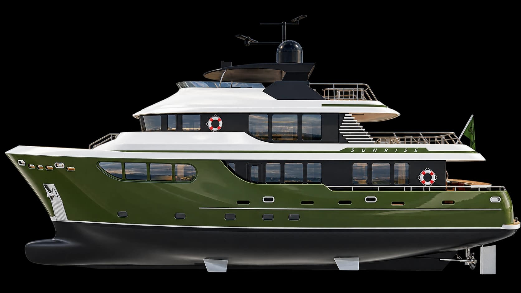 Sunrise full profile side elevation showing ice-strengthened hull, bulbous bow, rudders and aluminium superstructure