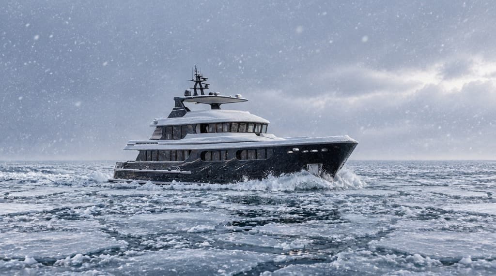 Explorer yacht Sunrise navigating through sea ice and snow